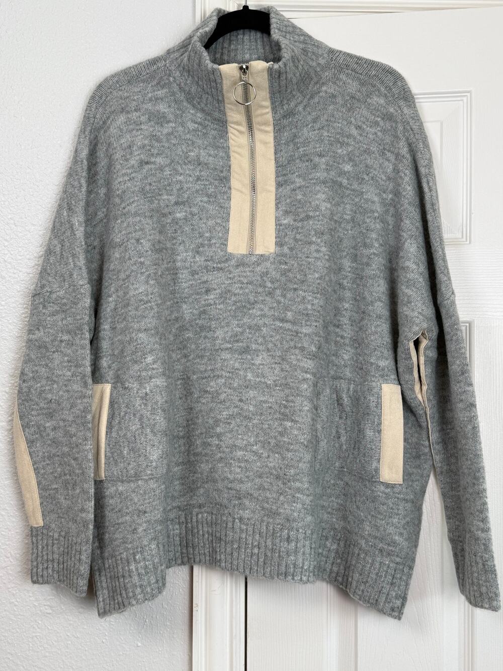 THML Womens Colorblock Quarter Zip Funnel Neck Sweater Size M Gray Gorpcore